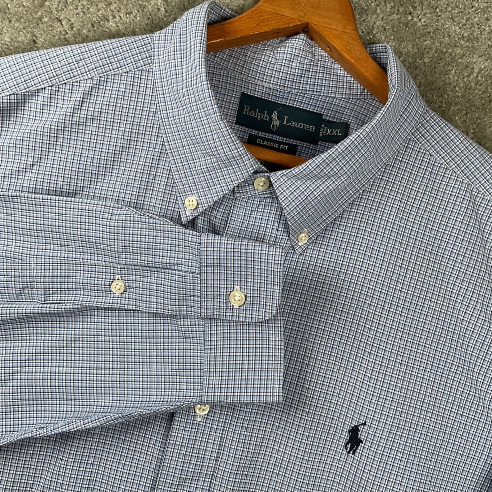 Ralph Lauren Button Down Shirt Mens XXL Blue Micro Check Classic Fit Long Sleeve